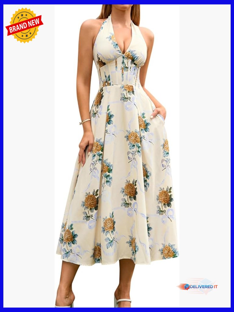 Floral Halter Corset Midi Dress With Pockets Smocked Back Formal